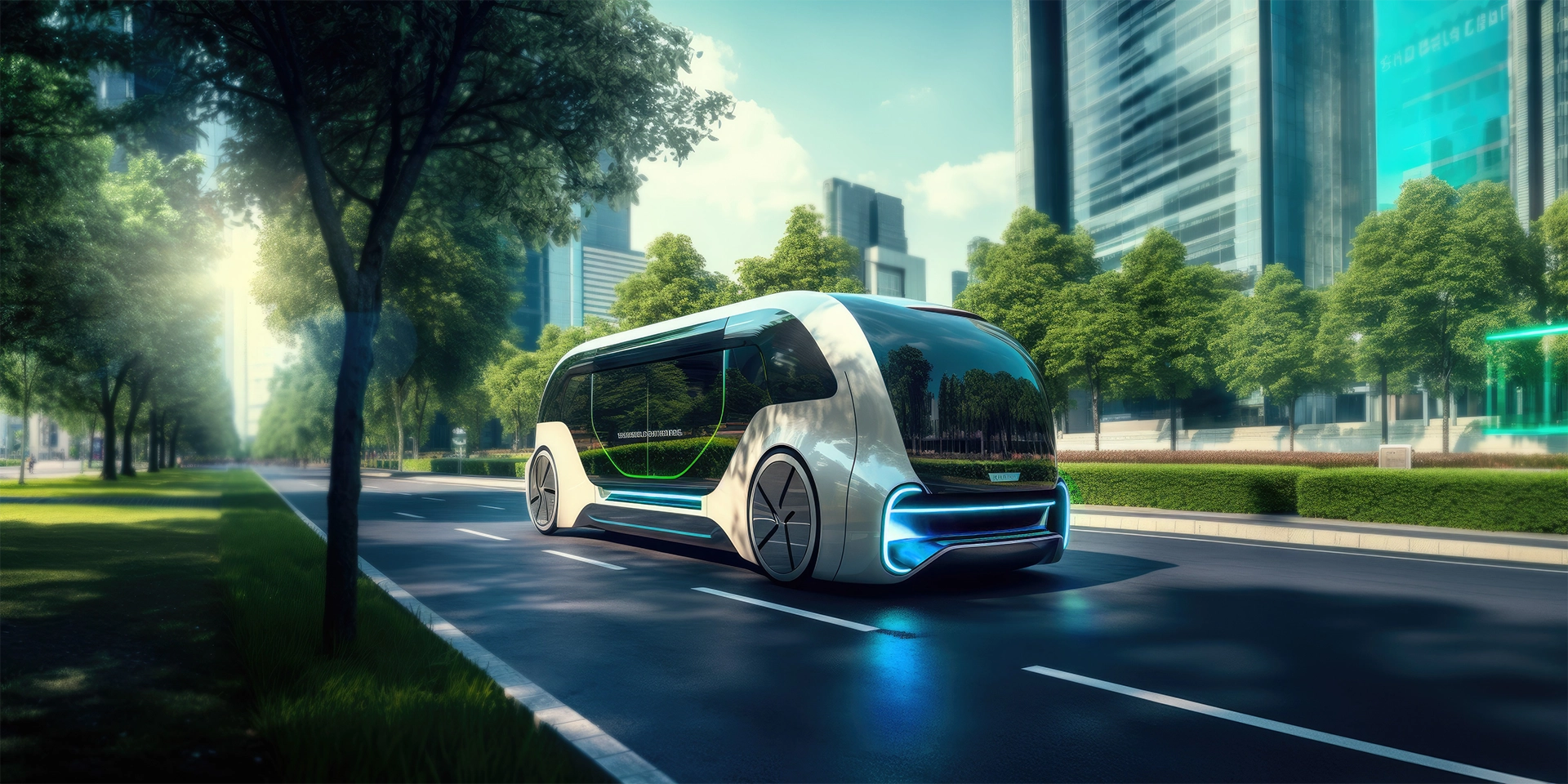 Navette autonome circulant dans une ville végétalisée